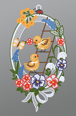 Fensterbild aus Plauener Spitze® - Küken auf Leiter #1W mehrfarbig