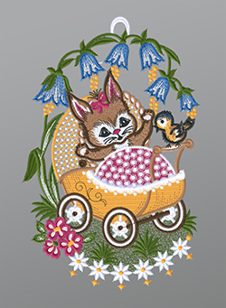 Fensterbild aus Plauener Spitze® - Hasenbaby im Kinderwagen #1W mehrfarbig