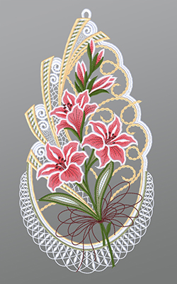 Fensterbild aus Plauener Spitze® - Gladiolenstrauß #1W mehrfarbig