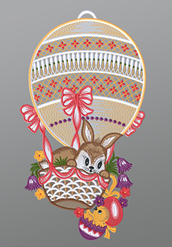 Fensterbild aus Plauener Spitze® - Hase im Heißluftballon und Küken #1W mehrfarbig