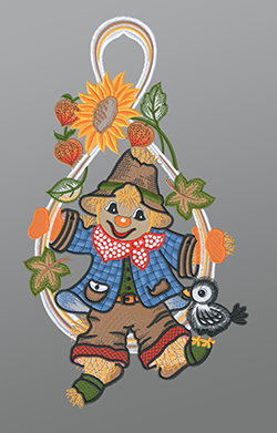 Fensterbild aus Plauener Spitze® - Vogelscheuche mit Herbstlaub und Vögelchen #1W mehrfarbig
