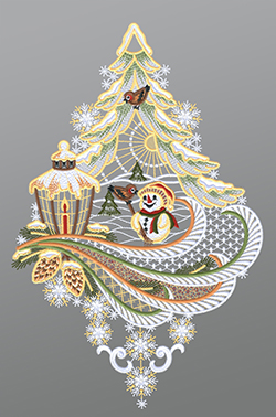 Fensterbild aus Plauener Spitze® - Schneemann mit Laterne und Vögelchen #1W mehrfarbig