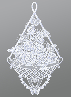 Fensterbild aus Plauener Spitze® - Rosenkorb mit Schmetterlingen #1W in Weiß