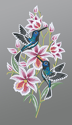 Fensterbild aus Plauener Spitze® - Kolibris mit Orchideen #1W mehrfarbig