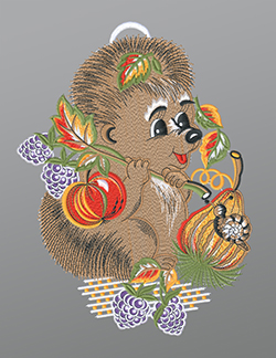 Fensterbild aus Plauener Spitze® - Igel mit Brombeeren und Schnecke #1W mehrfarbig