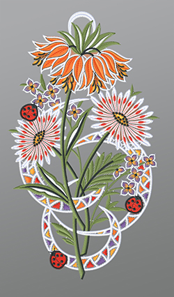 Fensterbild aus Plauener Spitze® - Kaiserkrone mit Marienkäfern #1W mehrfarbig