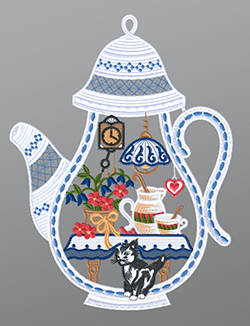 Fensterbild aus Plauener Spitze® - Teekanne #1W mehrfarbig