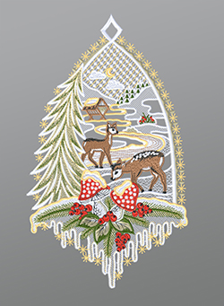 Fensterbild aus Plauener Spitze® - Rehe mit Tannenbaum #1W mehrfarbig