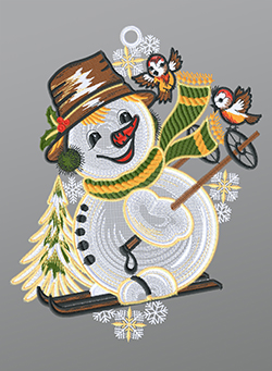Fensterbild aus Plauener Spitze® - Schneemann auf Skiern #1W mehrfarbig