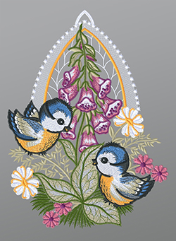 Fensterbild aus Plauener Spitze® - Blaumeisen Paar mit Fingerhut #1W mehrfarbig