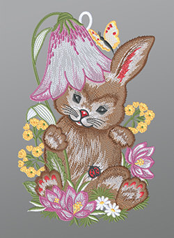 Fensterbild aus Plauener Spitze® - Osterhase mit Blütenhut #1W mehrfarbig