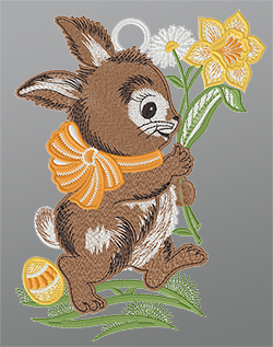 Fensterbild aus Plauener Spitze® - Hase mit Osterglocke #1W mehrfarbig