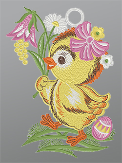 Fensterbild aus Plauener Spitze® - Küken mit Schleife #1W mehrfarbig