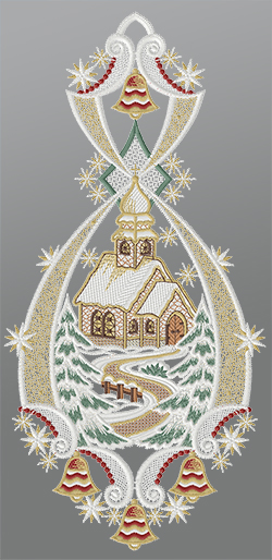 Fensterbild aus Plauener Spitze® - Kirche im Winterwald #1W mehrfarbig