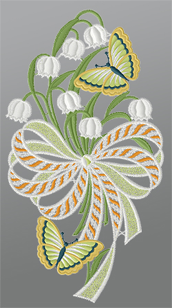 Fensterbild aus Plauener Spitze® - Maiglöckchenstrauß mit Schleife #1W mehrfarbig