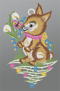 Fensterbild aus Plauener Spitze® - Hase mit Frühlingsblumen #1W mehrfarbig