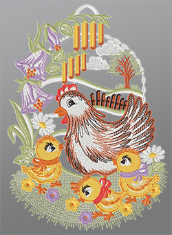 Fensterbild aus Plauener Spitze® - Hühnerfamilie #1W mehrfarbig