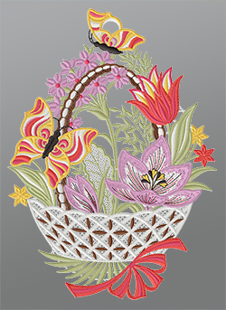 Fensterbild aus Plauener Spitze® - Körbchen mit Frühblühern #1W mehrfarbig