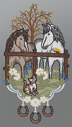 Fensterbild aus Plauener Spitze® - Pferdeliebe #1W mehrfarbig