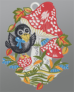 Fensterbild aus Plauener Spitze® - kleiner Rabe unterm Fliegenpilz #1W mehrfarbig