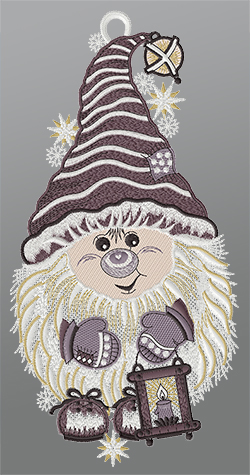 Fensterbild aus Plauener Spitze® - Wichtel mit Laterne #1W grau