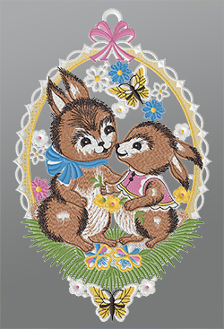 Fensterbild aus Plauener Spitze® - Hasenpaar #1W mehrfarbig