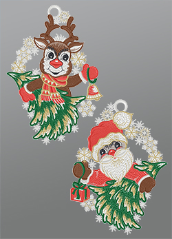 Fensterbild aus Plauener Spitze® - 2er Set Rudolph und Santa #1W mehrfarbig
