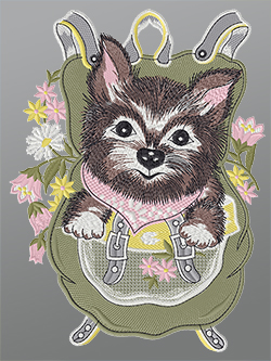 Fensterbild aus Plauener Spitze® - Hündchen im Rucksack #1W mehrfarbig