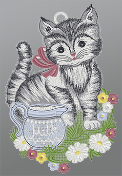 Fensterbild aus Plauener Spitze® - Kätzchen mit Milchkrug #1W mehrfarbig
