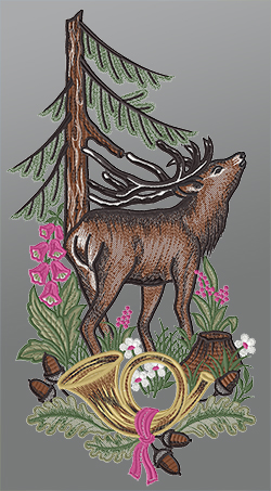 Fensterbild aus Plauener Spitze® - Hirsch mit Jagdhorn #1W mehrfarbig