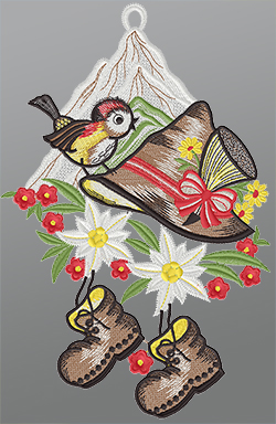 Fensterbild aus Plauener Spitze® - Berg Heil  #1W mehrfarbig